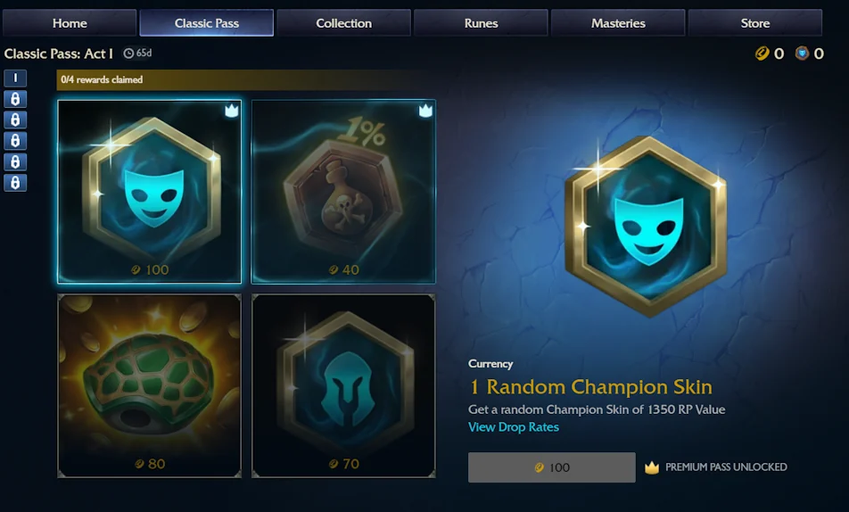 League Classic Pass Act I client page showing the first reward page, coin costs, and Premium Pass state